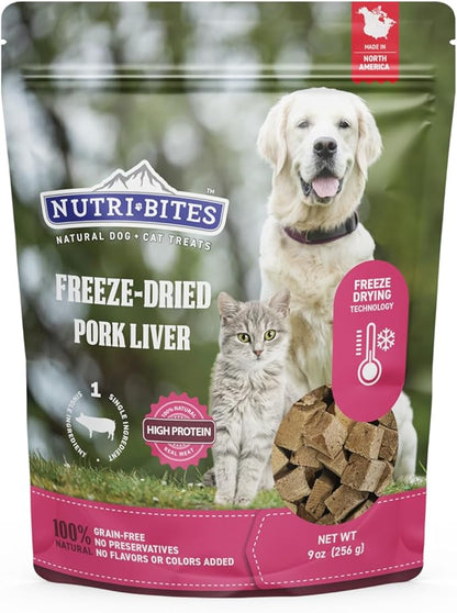 NutriBites Freeze Dried Pork Liver Dog & Cat Treats, 9 oz | Healthy Pet Training Treats or Food Topper | All Natural, Single Ingredient, High Protein | Great for Puppy, Small, Medium, or Large Breeds