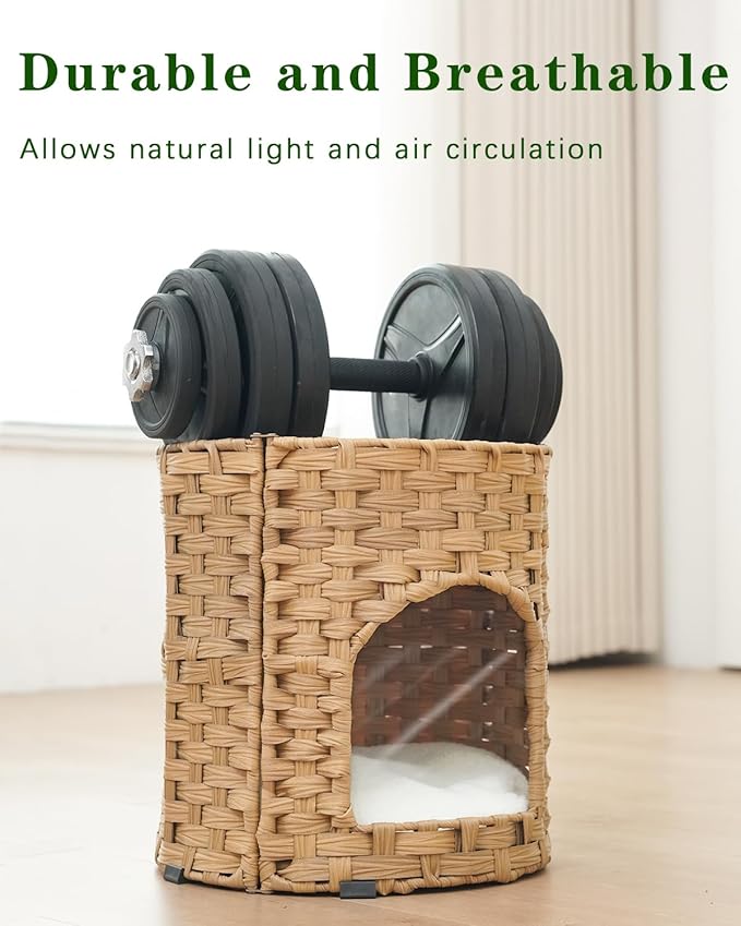 Cat House for Indoor Cat, Small Cat Houses Handwoven PE Rattan Kitten Cave, Pet Kitten Bed Covered, One Bed Pad, 13 x 13 x 13.7 Inches, Foldable Hideaway in Living Room Natural