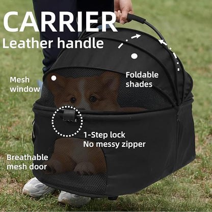 Pet Stroller 3 in 1 Folding Lightweight Dog Stroller with Detachable Carrier & Storage Basket, Premium 4 Wheels Travel Stroller for Small/Medium Pet (Black)
