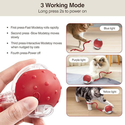 Electric Interactive Cat Toy Ball - Automatic Rolling Silicone Cat Toys for Indoor Cats, Durable Chew-Proof Motorized Kitty Ball with LED Light, Fun Exercise Toys for Bored Kittens（red）