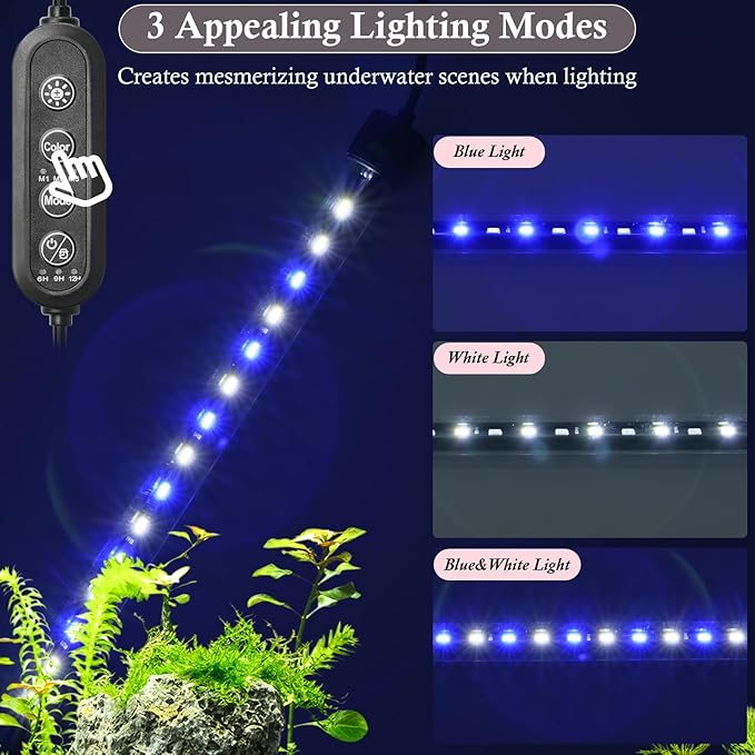 Dirvin 15inch Submersible Aquarium LED Light for Fish Tank, 24/7 Cycle Fish Tank Light with Timer, 27 LED Beads 3 Colors 3 Modes Brightness Adjustable, 8W