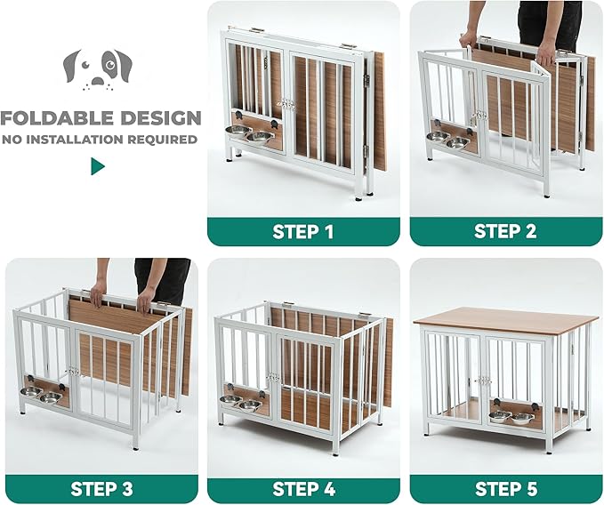 YITAHOME 33" Foldable Dog Crate Furniture, Portable Wooden Kennel End Table with Adjustable Feet & 360° Rotatable Bowls, Perfect for Small to Medium Dogs, Brown