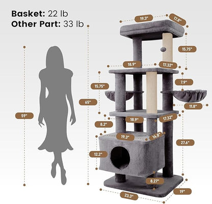 Gardner Pet 65in Heavy Duty Cat Tree Tower for Large Cats, Multi-Level Cat Furniture with Replaceable Sisal Scratching Post, Hammock | Extra-Large Platform & Condo (Upgraded Grey)