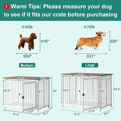 Heavy Duty Dog Crate Furniture, Fully Assembled exc. Locks, All Metal Frame & Wooden Tabletop, Modern Kennel for Small/Medium Dog, Sturdy, Foldable, End Table, White/Rustic Brown