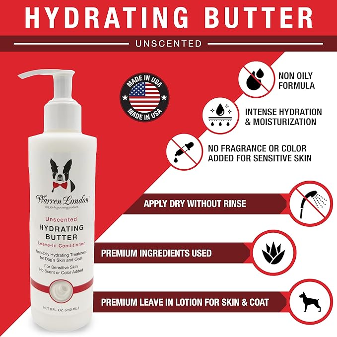 Warren London Hydrating Butter Leave in Pet Conditioner for Dogs | Lotion for Skin and Coat | Aloe Puppy & Dog Conditioner for Hair Detangler, Dry Skin, & Dandruff | Unscented 8oz
