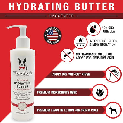 Warren London Hydrating Butter Leave in Pet Conditioner for Dogs | Lotion for Skin and Coat | Aloe Puppy & Dog Conditioner for Hair Detangler, Dry Skin, & Dandruff | Unscented 8oz