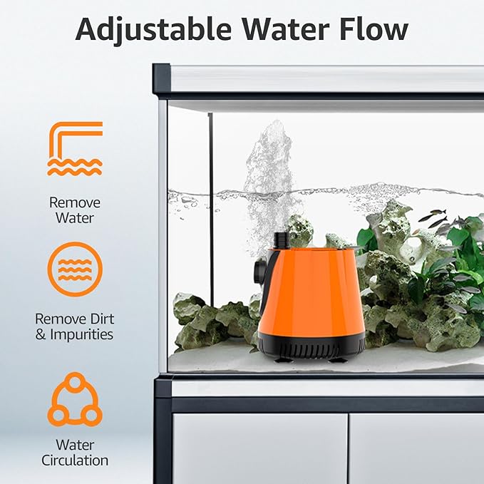 AQUE 360° All-round Water Intake Submersible Pump. It is suitable for fish tanks, ponds, aquariums and hydroponic systems. It comes with a 6-foot power cord and 4 nozzles. (60W)
