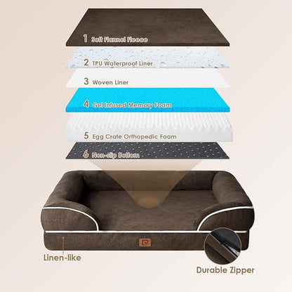 EHEYCIGA Orthopedic XL Dog Beds, Waterproof Memory Foam Dog Bed for Extra Large Dogs, Non-Slip Bottom and Egg-Crate Foam Big Dog Couch Bed with Washable Removable Cover, Brown