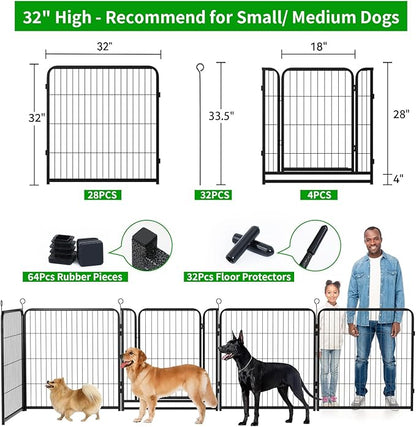 Dog Playpen Outdoor Extra Wide 32 Panels Heavy Duty Dog Fence 32" Height Anti-Rust with Doors Portable for RV Camping Yard, Total 84FT, 561 Sq.ft, Snowy Black