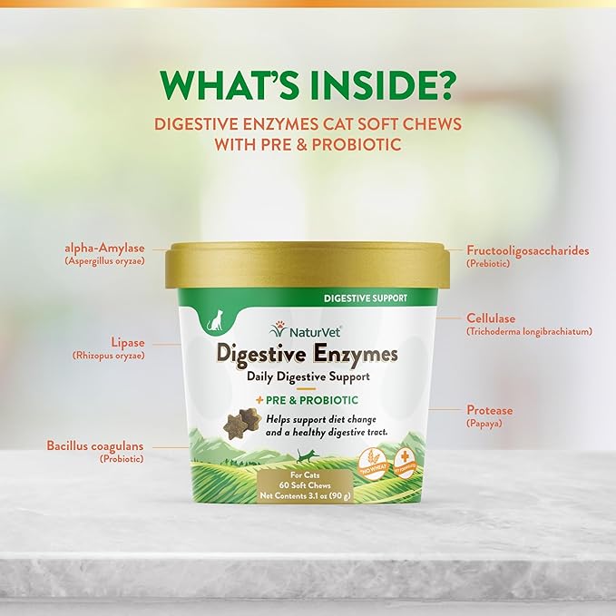 NaturVet  Digestive Enzymes for Cats Plus Probiotics  60 Soft Chews  Helps Support Diet Change & A Healthy Digestive Tract  Aids in The Absorption of Vitamins & Minerals  30 Day Supply