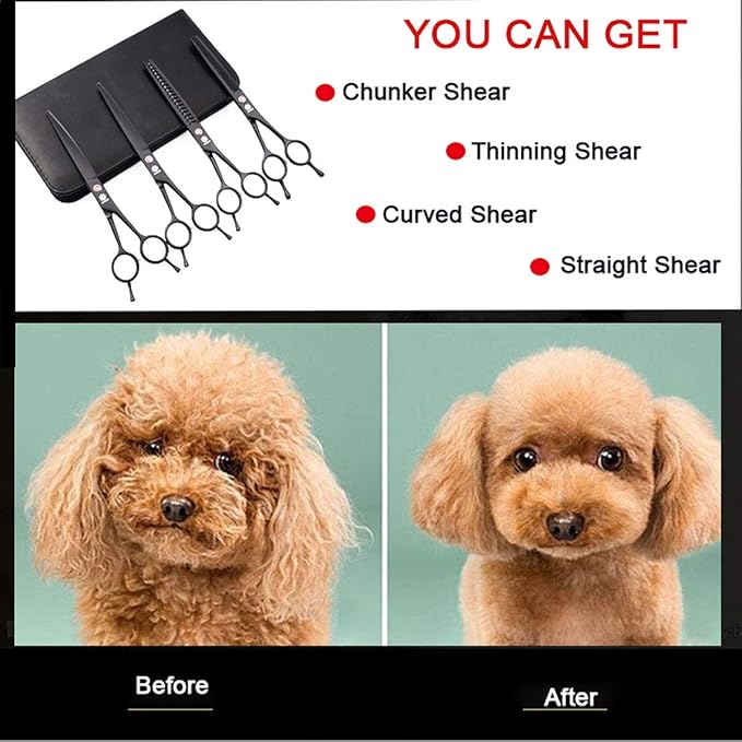 Dream Reach 7.0 Inches Professional Pet Cat Dog Grooming Shears Scissors, Straight, Curved, Thinning/Blending/Chunking Scissors Kit (4-Set)