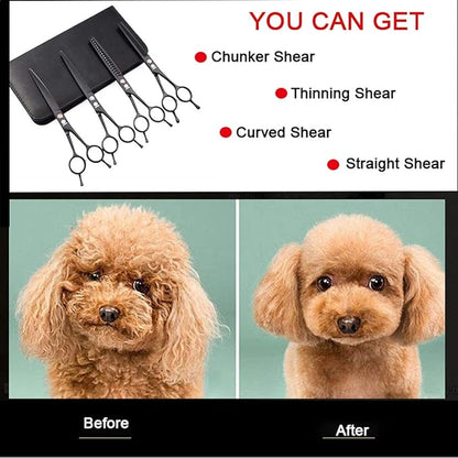 Dream Reach 7.0 Inches Professional Pet Cat Dog Grooming Shears Scissors, Straight, Curved, Thinning/Blending/Chunking Scissors Kit (4-Set)