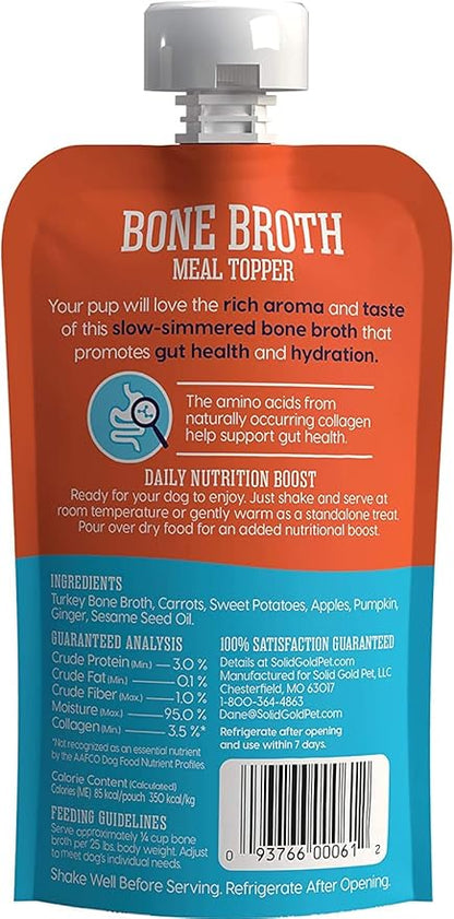 Solid Gold Turkey Bone Broth for Dogs - Grain Free Dog Food Topper Rich in Collagen and Superfoods - Nutrient Dense Dog Gravy Topper for Dry Food - Promotes Gut Health and Hydration - 12 Pack