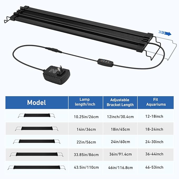 LED Aquarium Light for 12–18 Inch Fish Tanks – Timer with Auto On/Off, 10-Level Brightness, White/Blue/Red+White Modes, Extendable Brackets & Hanging Design (Rope Not Included) (12-18inch)