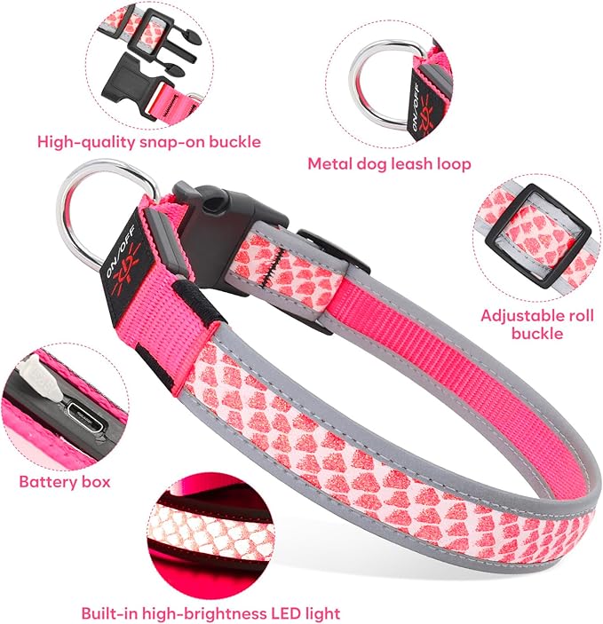 Light Up Dog Collars for Small Dogs, USB Rechargeable Flashing Dog Collar, Led Dog Collar with Reflective Edging - Glow in The Dark Lighted Collar - Dog Glow Collar for Night Walking - Pink, S