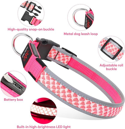 Light Up Dog Collars for Small Dogs, USB Rechargeable Flashing Dog Collar, Led Dog Collar with Reflective Edging - Glow in The Dark Lighted Collar - Dog Glow Collar for Night Walking - Pink, S
