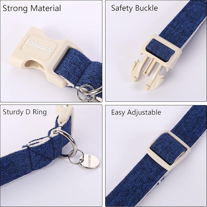 DOGWONG Cotton Hemp Dog Collar, Heavy-Duty Blue Dog Collar Adjustable Soft Natural Fabric Cute Wedding Puppy Necklace for Small Medium Large Dogs