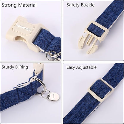 DOGWONG Cotton Hemp Dog Collar, Heavy-Duty Blue Dog Collar Adjustable Soft Natural Fabric Cute Wedding Puppy Necklace for Small Medium Large Dogs