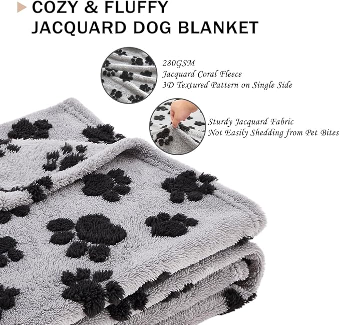 Qeils Jacquard Dog Blankets for Large Dogs, Cozy Calming Cat Blankets Washable, 280GSM Coral Fleece Plush Fluffy Throw Blanket, Black Paws, 30x40IN