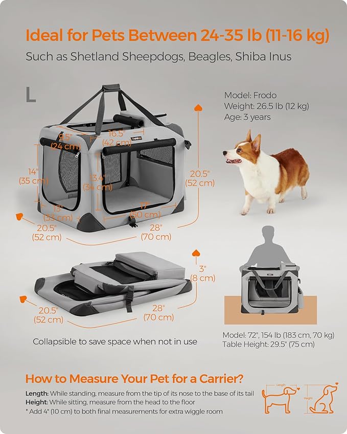 Feandrea 28 Inches Collapsible Soft Dog Crate, Portable Travel Dog Crate for Indoor and Outdoor Use, Dog Carrier Kennel with Safety Zippers, for Living Room, Car, Travelling, Smoke Gray UPDC070G02