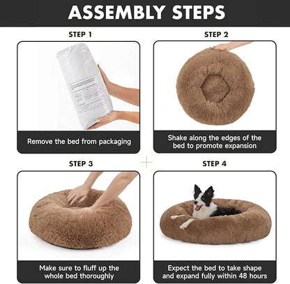 OhGeni Calming Donut Dog Bed Pillow, Machine Washable Plush Waterproof Zipper Cover, Anti-Slip Round Comfort Pet Bed, Pillow Design Cozy Warming Fluffy Fur Bed for Medium Large Dogs, Ocher, 36 inches