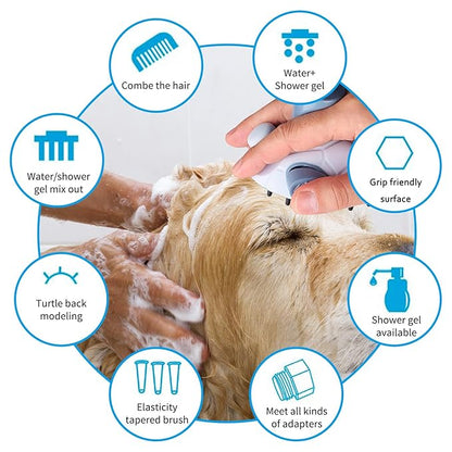 Dog Shower Scrubber Head with Dispenser, 3 in 1 Bath Grooming Brush for Washing Hose Attachment, Soft Silicone Bristle for Long Short Haired Pets