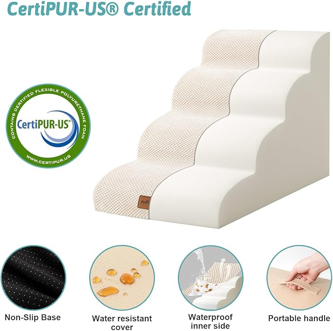 Dog Stairs for Small Dogs 19.7" H, Pet Step with Leakproof Cover, High Density Foam Cat Ramp for Bed, Couch or Sofa, Lightweight, Durable, Comfort, 15.7x28.3x19.7 inch, 4 Tiers, Beige