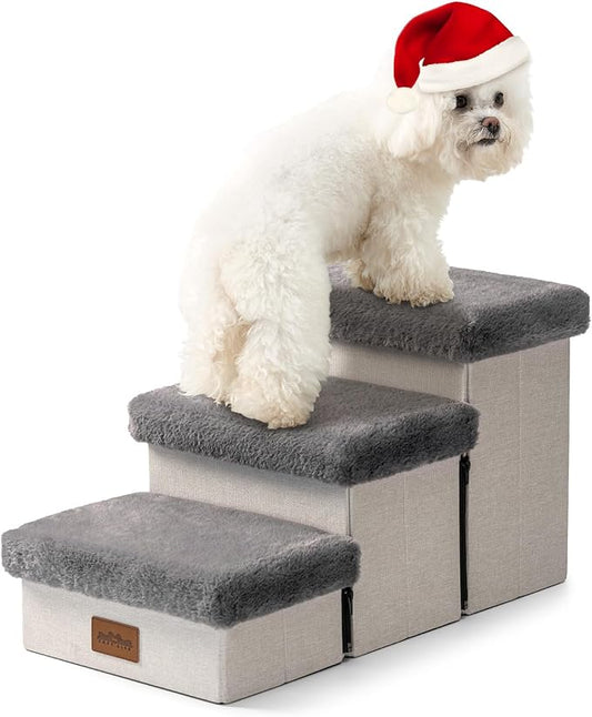 Dog Stair for Small Dogs with Storage, 13.6" H Foldable Pet Step with Soft Leakproof Cover, Older Cat Ramp for Chair Couch Sofa, Lightweight, Comfort, 24.8x13x13.6 inch, 3 Tiers, Grey