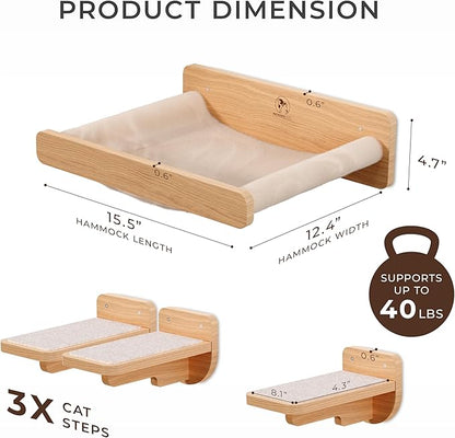 Space-Saving Cat Wall Shelves – Interactive Cat Wall Climber with Hammock & Dog Proof Feeding Station for All Indoor Breeds – Solid Natural Wood with Beige Carpet
