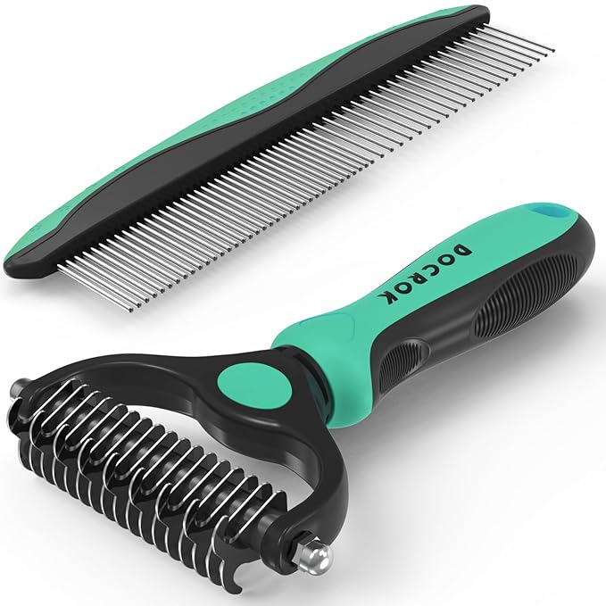 Pet Grooming Brush and Metal Comb Combo, Cat Brush Dog Brush for Shedding, Undercoat Rake for Dogs Grooming, Dematting Deshedding Brush Dogs Shedding Tool for Long matted Haired Pets, Green