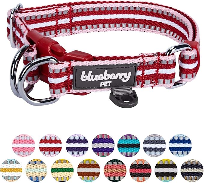 Blueberry Pet 3M Reflective Dog Collars | Adjustable Dog Collar w/Multi-Colored Stripe - Marsala Red and Pink | Nylon Pet Collars for Dogs & Refflective Dog Collar for Large Dogs
