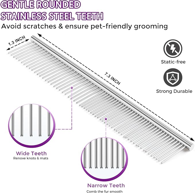 Dog Brush for Shedding, Self-Cleaning Slicker, 4 PCS Kit with Bath Brush, Flea & Steel Combs, Ideal for Short & Long Haired Pets, Removes Mats, Tangles, Fur, Gentle on Skin. Purple