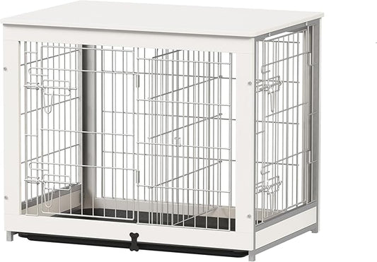 Piskyet Wooden Dog Crate Furniture with Divider Panel, Dog Crate End Table with Fixable Slide Tray, Double Doors Dog Kennel Indoor for Dogs(M:31.8" L*22.1" W*26.3" H,White)