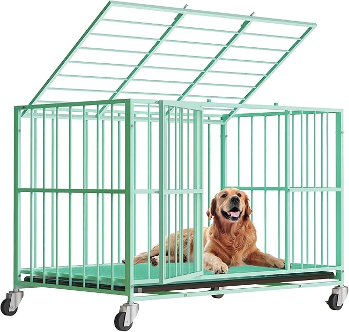 Green 48 in Heavy Duty Dog Crate Steel Escape Proof, Indoor Double Door High Anxiety Cage, Removable Tray, Kennel with Wheels,XL XXL
