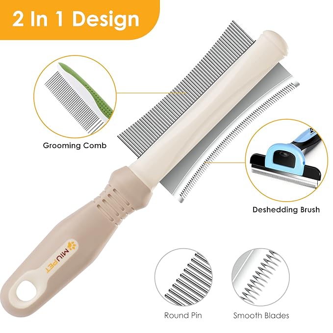 2 in 1 Dog & Cat Deshedding Brush & Grooming Comb, Double Sided Professional Brush for Short Medium or Long Hair, Effectively Remove Dead & Floating Hair