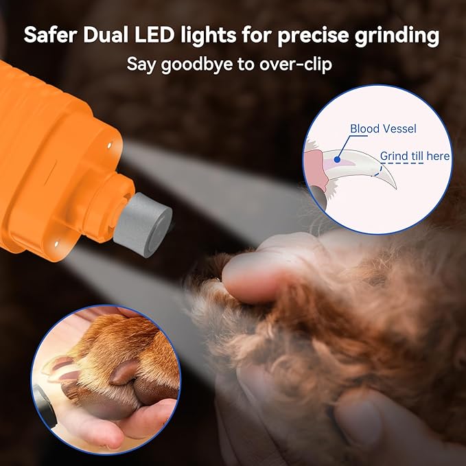 Dog Nail Grinder Professional Pets, 3-Speed Electric Quiet Dog Nail Grinder, Rechargeable Dog Nail Trimmers - with 2 LED Lights/2 Grinder Wheels, for Small, Medium, Large Dogs (Orange)