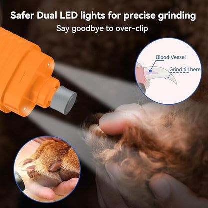 Dog Nail Grinder Professional Pets, 3-Speed Electric Quiet Dog Nail Grinder, Rechargeable Dog Nail Trimmers - with 2 LED Lights/2 Grinder Wheels, for Small, Medium, Large Dogs (Orange)