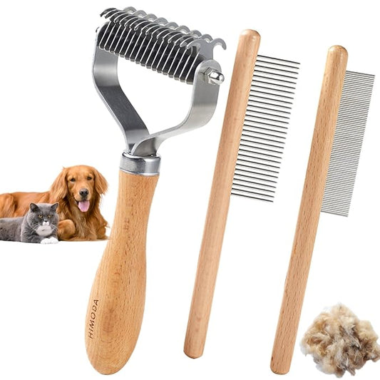 Dog Cat Brush for Shedding Dematting, 3 Pack Pet Grooming Kit of Double Sided Undercoat rake and Pet Combs, Deshedding Brush, Premium Wood Handle