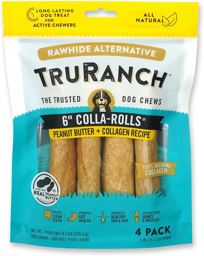 TRURANCH Collagen Rolls - 6" Collagen Rolls for Dogs - Long Lasting Healthy Joint Support Dog Treat - Rawhide Alternative - Skin & Coat Health - Made with Real Peanut Butter, 1 Bag, 4 Count
