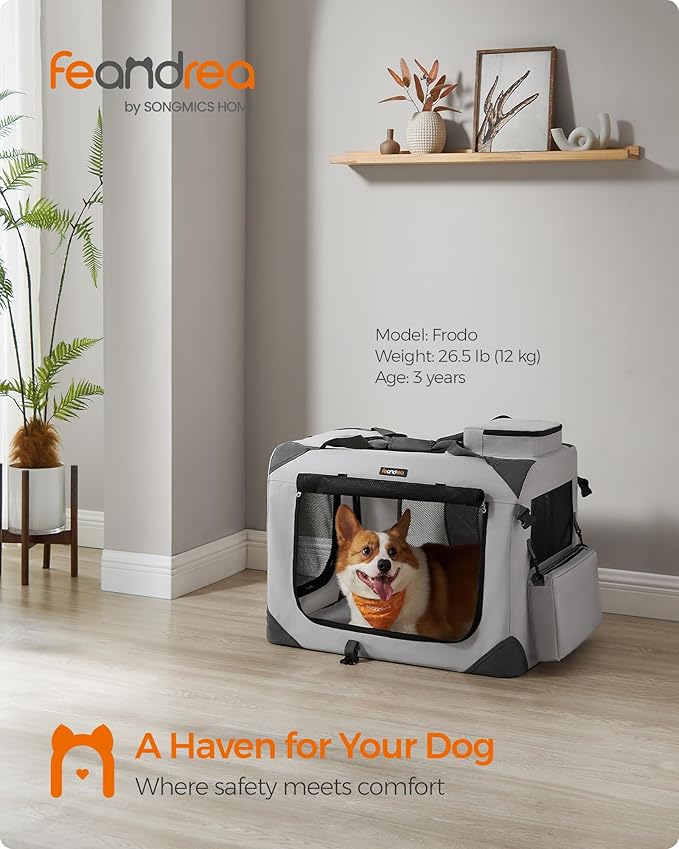Feandrea 28 Inches Collapsible Soft Dog Crate, Portable Travel Dog Crate for Indoor and Outdoor Use, Dog Carrier Kennel with Safety Zippers, for Living Room, Car, Travelling, Smoke Gray UPDC070G02