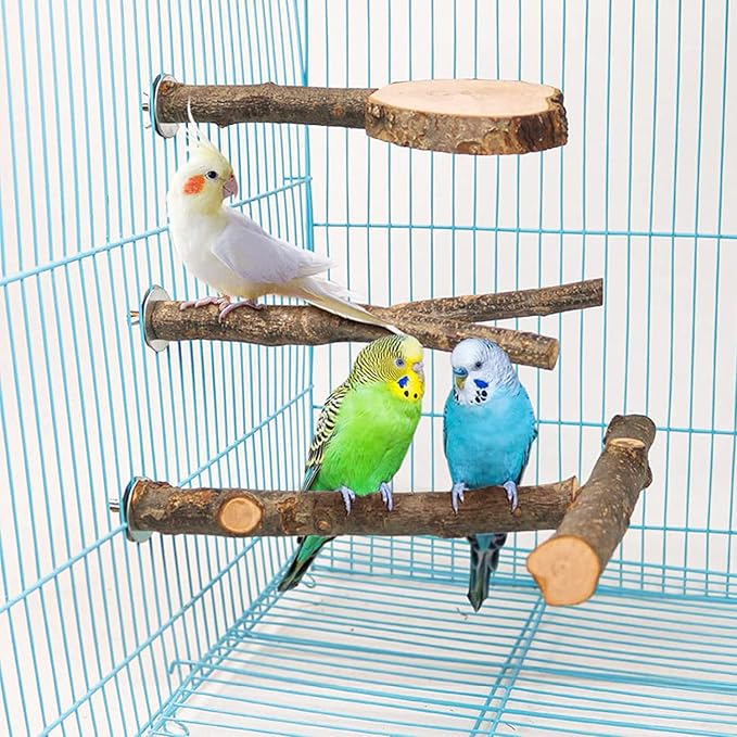 Allazone 4 PCS Natural Wood Bird Perch Stand, Bird Parrot Perch Stand Set, Wooden Parrot Perch Stand Perch Platform Cage Accessories for Parrotlets Cockatiels Budgies Parakeets