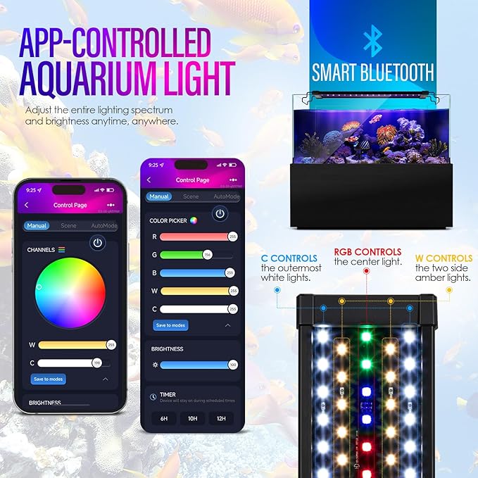 22W Smart Bluetooth App-Controlled Aquarium Light - Customizable Light Colors,Timeable,24/7 User-Defined Sunrise/Sunset Simulation,Tropical Lighting Mode,Suitable for 24-30" Fish Tanks