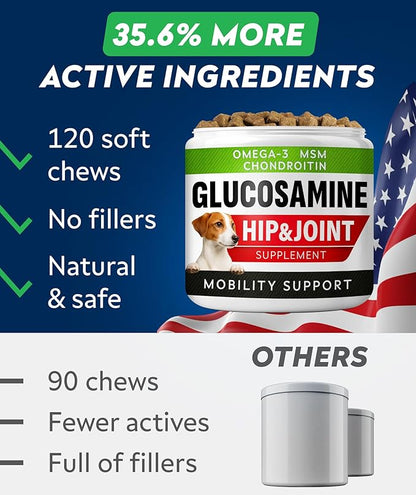 STRELLALAB Hip & Joint Glucosamine Supplement Treats for Dogs - Chondroitin, Omega-3, MSM - Advanced Joint Health Support Chews for Large Breed - Pain Relief - Bacon Flavor - 120 Ct - Made in USA