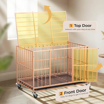 Orange 48 in Heavy Duty Dog Crate Steel Escape Proof, Indoor Double Door High Anxiety Cage, Removable Tray, Kennel with Wheels,XL XXL