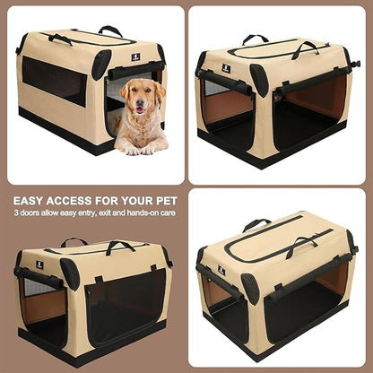 X-ZONE PET Dog Crate Travel Cage for Medium Dogs Portable Collapsible Cat Kennel with 3-Door Durable and Easy Clear Indoor & Outdoor Pet Home 32 '' Beige