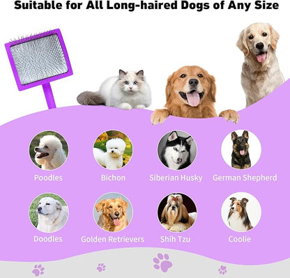 Dog Slicker Brush for Shedding and Grooming Medium or Long Haired Cats, Extra Long & Soft Pin Slicker Brush for Removes Loose Hair, Tangles, Knots, Undercoat, Free Pet Comb, Large Purple