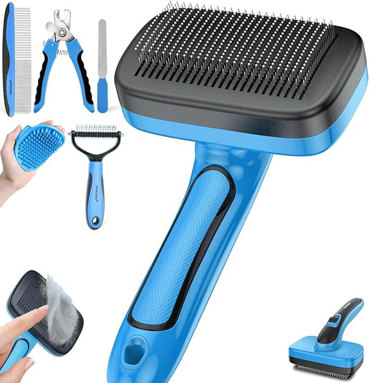 Dog Brush for Shedding, Self-Cleaning Slicker & Comb, Nail Clipper, Bath Brush, Undercoat Rake. Removes Mats, Tangles, Fur. 6 PCS Kit for Small To Large Dogs, Short & Long Haired Pets. Blue