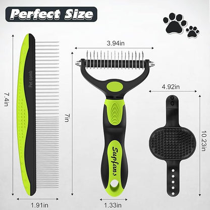 3PCS Dog Grooming Kit I Dog Brush for Shedding I Deshedding Dog Brush I Metal Dog Comb I Dog Bath Brush I Undercoat Rake for Dogs and Cats I Premium Pet Supplies (Green Black)