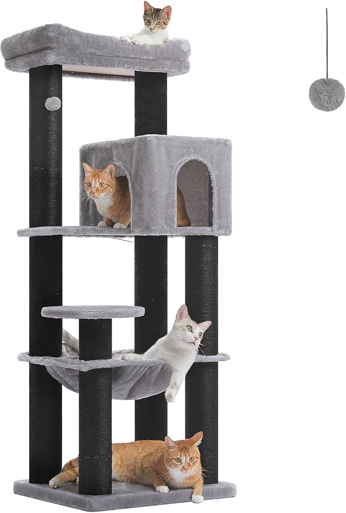 PETEPELA Cat Tree for Large Cats up to 30 lbs, 58" Heavy Duty Cat Tower with Reinforced Scratching Posts[ φ3.9”], Large Hammock, Spacious Condo & Top Perch, Sturdy Cat Furniture for Maine Coons, Black