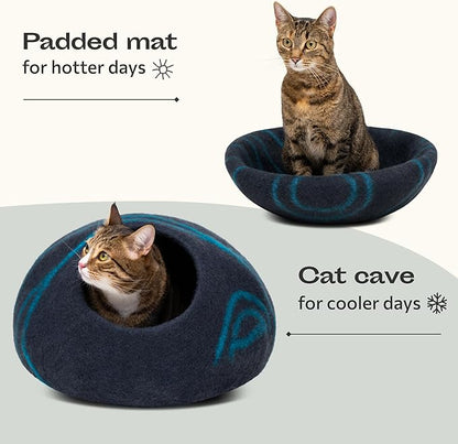 MEOWFIA Cat Cave  Premium Felt Cat Bed for Indoor Cats, Handmade 100% Merino Wool (Medium, Black Aqua)